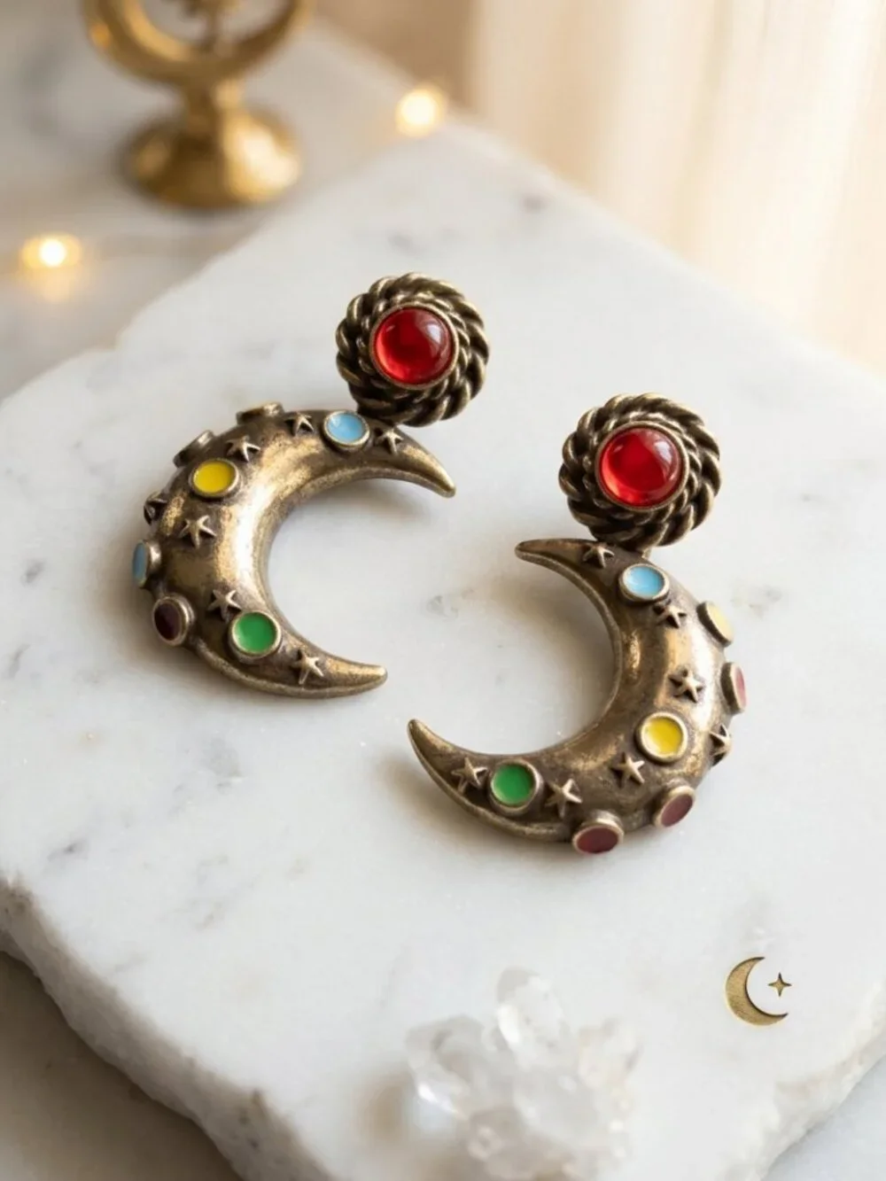 Antique Gold Crescent Moon Drop Earrings Celestial Star Multicolor Whimsigoth